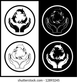 Vector killer whale and hands icons. Black and white. Simply change.