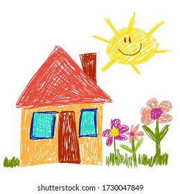 Vector kindergarten background. House, family, crayon illustration. Happy childhood, imagination, creativity.