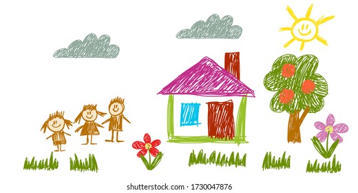 Vector kindergarten background. House, family, crayon illustration. Little children on sunny summer meadow with grass. Mother, father, sister, brother. Happy childhood, imagination, creativity.