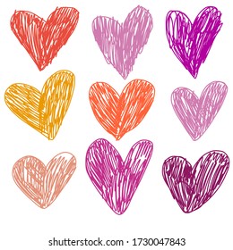 Niños del jardín de infantes vectores dibujando fondo. Un conjunto de corazones decorativos para el diseño