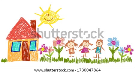 Vector kindergarten kids drawing background. House, family, crayon illustration. Little children on sunny summer meadow with grass. Mother, father. Happy childhood, imagination, creativity.