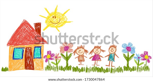 Vector kindergarten kids drawing background.\
House, family, crayon illustration. Little children on sunny summer\
meadow with grass. Mother, father. Happy childhood, imagination,\
creativity.