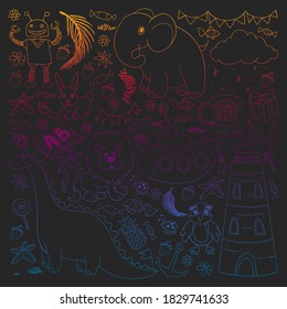 Vector kindergarten pattern with animals and toys. Illustration for little boys and girls.