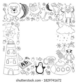 Vector kindergarten pattern with animals and toys. Illustration for little boys and girls.