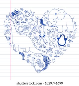 Vektor Kindergartenmuster mit Tieren und Spielzeug. Illustration für kleine Jungen und Mädchen.