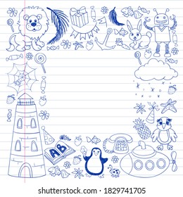 Vector kindergarten pattern with animals and toys. Illustration for little boys and girls.