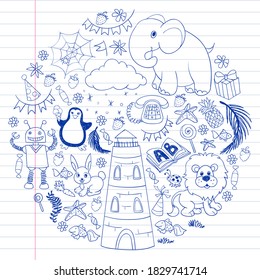 Vector kindergarten pattern with animals and toys. Illustration for little boys and girls.