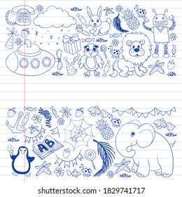 Vector kindergarten pattern with animals and toys. Illustration for little boys and girls.