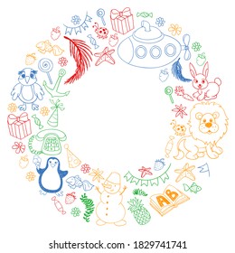 Vector kindergarten pattern with animals and toys. Illustration for little boys and girls.