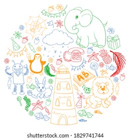 Vector kindergarten pattern with animals and toys. Illustration for little boys and girls.