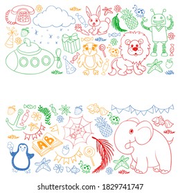 Vector kindergarten pattern with animals and toys. Illustration for little boys and girls.
