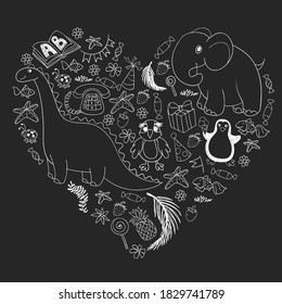 Vector kindergarten pattern with animals and toys. Illustration for little boys and girls.