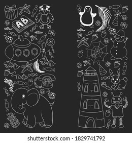 Vector kindergarten pattern with animals and toys. Illustration for little boys and girls.