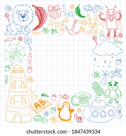 Vector kindergarten pattern with animals and toys. Illustration for little boys and girls.
