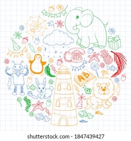 Vector kindergarten pattern with animals and toys. Illustration for little boys and girls.