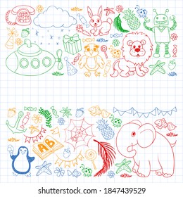 Vector kindergarten pattern with animals and toys. Illustration for little boys and girls.
