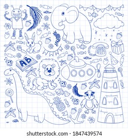 Vector kindergarten pattern with animals and toys. Illustration for little boys and girls.