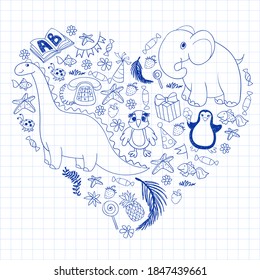 Vector kindergarten pattern with animals and toys. Illustration for little boys and girls.