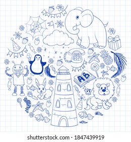 Vector kindergarten pattern with animals and toys. Illustration for little boys and girls.
