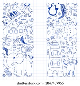 Vector kindergarten pattern with animals and toys. Illustration for little boys and girls.