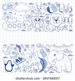 Vector kindergarten pattern with animals and toys. Illustration for little boys and girls.