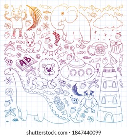 Vector kindergarten pattern with animals and toys. Illustration for little boys and girls.