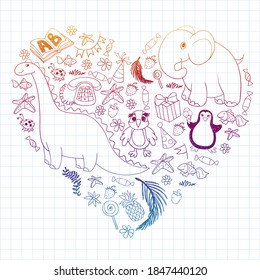Vector kindergarten pattern with animals and toys. Illustration for little boys and girls.