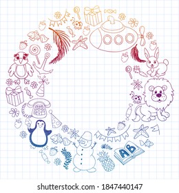 Vector kindergarten pattern with animals and toys. Illustration for little boys and girls.