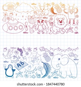 Vector kindergarten pattern with animals and toys. Illustration for little boys and girls.