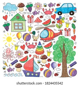 Vector kindergarten pattern with helicopter, house, toys, ship. Boys and girls online education.