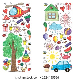 Vector kindergarten pattern with helicopter, house, toys, ship. Boys and girls online education.