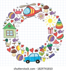 Vector kindergarten pattern with helicopter, house, toys, ship. Boys and girls online education.