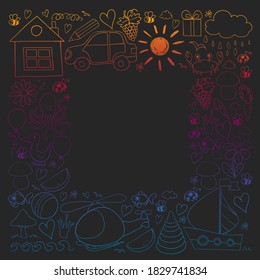 Vector kindergarten pattern with helicopter, house, toys, ship. Boys and girls online education.