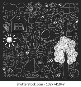 Vector kindergarten pattern with helicopter, house, toys, ship. Boys and girls online education.