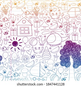 Vector kindergarten pattern with helicopter, house, toys, ship. Boys and girls online education.