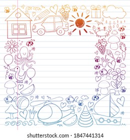 Vector kindergarten pattern with helicopter, house, toys, ship. Boys and girls online education.