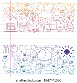 Vector kindergarten pattern with helicopter, house, toys, ship. Boys and girls online education.