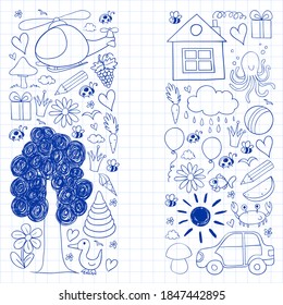 Vector kindergarten pattern with helicopter, house, toys, ship. Boys and girls online education.