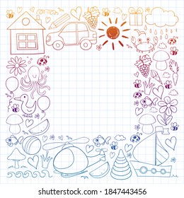 Vector kindergarten pattern with helicopter, house, toys, ship. Boys and girls online education.