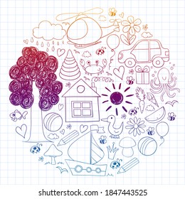 Vector kindergarten pattern with helicopter, house, toys, ship. Boys and girls online education.