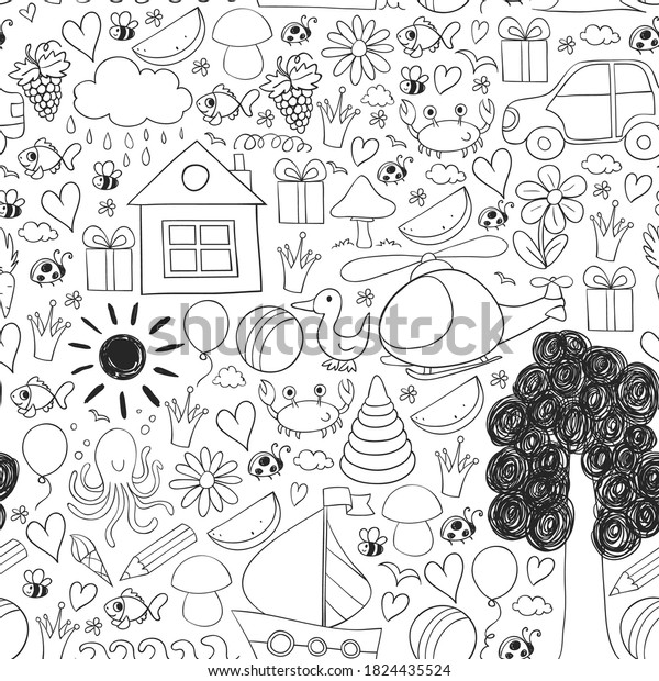 Vector kindergarten pattern with\
helicopter, house, toys, ship. Boys and girls online\
education.