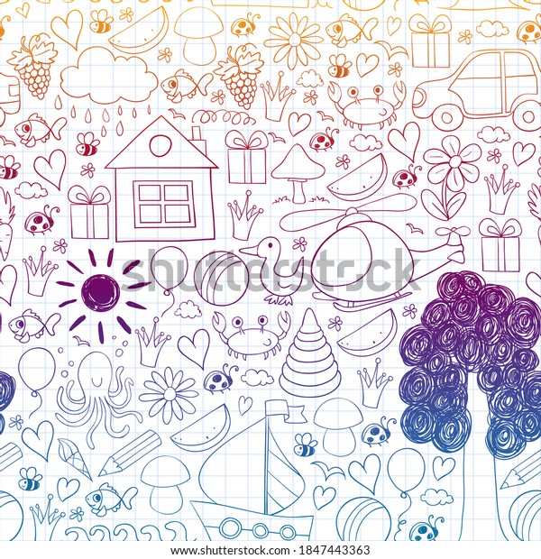 Vector kindergarten pattern with\
helicopter, house, toys, ship. Boys and girls online\
education.