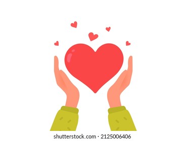 Vector kindness donation and charity illustration with red shape heart on white color background. Human hand care of heart form. Flat style romantic design of sharing love for Valentine Day greetings