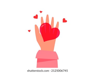 Vector kindness donation and charity illustration on white color background. Red shape heart on human palm. Flat style romantic design with sharing love heart for Valentine's Day greeting card, poster