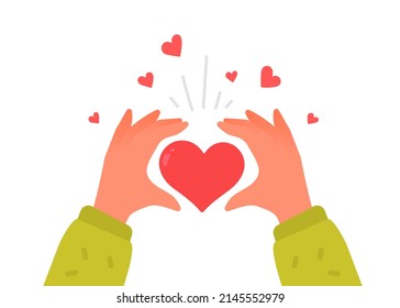Vector kindness donation and charity illustration of hand with heart form. Red shape heart on white color background. Flat style romantic design of sharing love for Valentine's Day greeting card