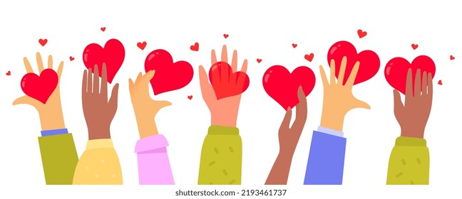 Vector kindness donation and charity illustration with red shape heart on white color background. Diversity group of hand care of heart form. Flat style romantic design of sharing love