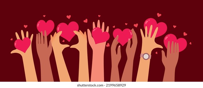 Vector kindness donation and charity illustration with red shape heart on dark color background. Diversity group of hand care of heart form. Flat style romantic design of sharing love for banner