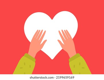 Vector kindness donation and charity illustration with hand with white shape heart on red color background. Flat style romantic design with heart of sharing love for Valentine's Day greeting card