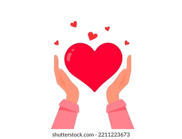 Vector kindness donation and charity illustration with hand and red shape heart on white color background. Human hand care of heart form. Flat style romantic design of sharing love for Valentine's Day