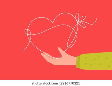 Vector kindness donation illustration with hand hold line shape heart with bow on red color background. Charity hand give heart. Flat style romantic design of sharing love for Valentine's Day greeting